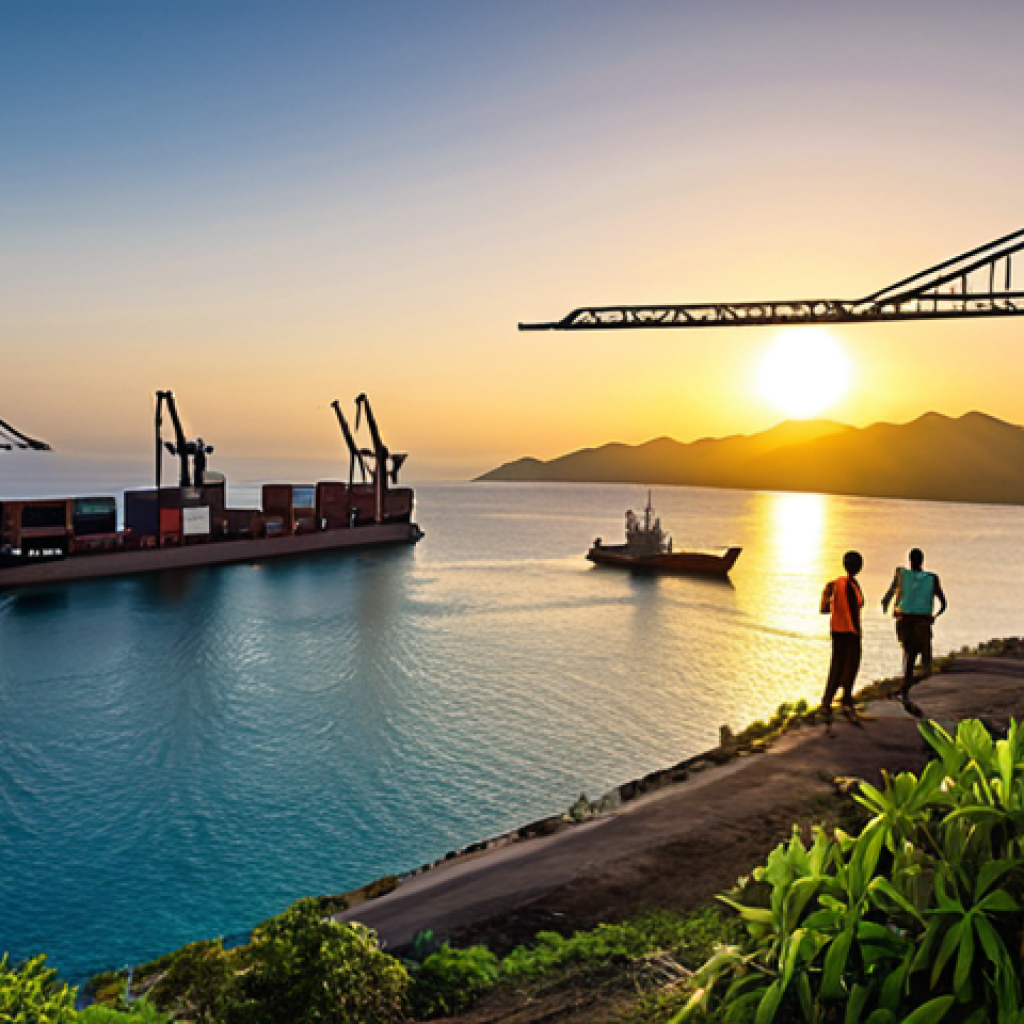 A vibrant, modern deep-water port in Tibar Bay, East Timor, bustling with large container ships and advanced cranes. The sun rises over the horizon, casting a golden glow on the strategically located port, symbolizing its role as a future hub on the critical Pacific and Indian Ocean trade routes. Include elements of East Timor's natural beauty in the background, like lush green hills.