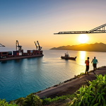 A vibrant, modern deep-water port in Tibar Bay, East Timor, bustling with large container ships and advanced cranes. The sun rises over the horizon, casting a golden glow on the strategically located port, symbolizing its role as a future hub on the critical Pacific and Indian Ocean trade routes. Include elements of East Timor's natural beauty in the background, like lush green hills.