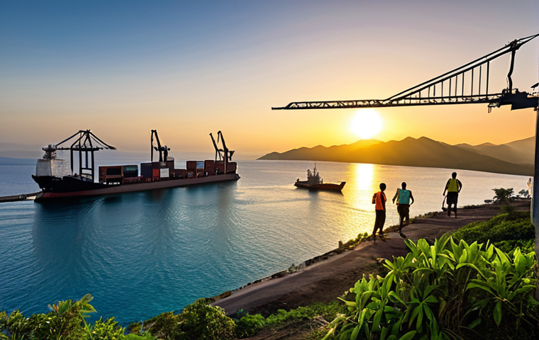 A vibrant, modern deep-water port in Tibar Bay, East Timor, bustling with large container ships and advanced cranes. The sun rises over the horizon, casting a golden glow on the strategically located port, symbolizing its role as a future hub on the critical Pacific and Indian Ocean trade routes. Include elements of East Timor's natural beauty in the background, like lush green hills.