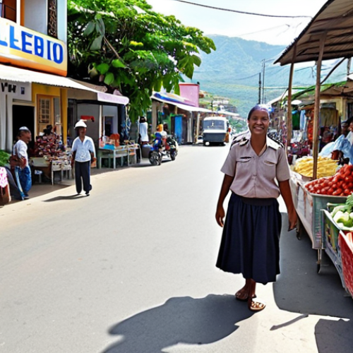 **Prompt 1: Dili's Welcoming Vibe**
    A vibrant and safe street scene in Dili, East Timor. Local Timorese people are smiling and interacting warmly with travelers. Features include bustling market stalls with fresh produce, modern cafes, and newly paved roads, showcasing the city's post-war recovery and a tangible sense of progress. Police presence is subtle but reassuring. The overall atmosphere is peaceful, friendly, and inviting, emphasizing the positive and secure experience of a traveler. Realistic, bright daylight.