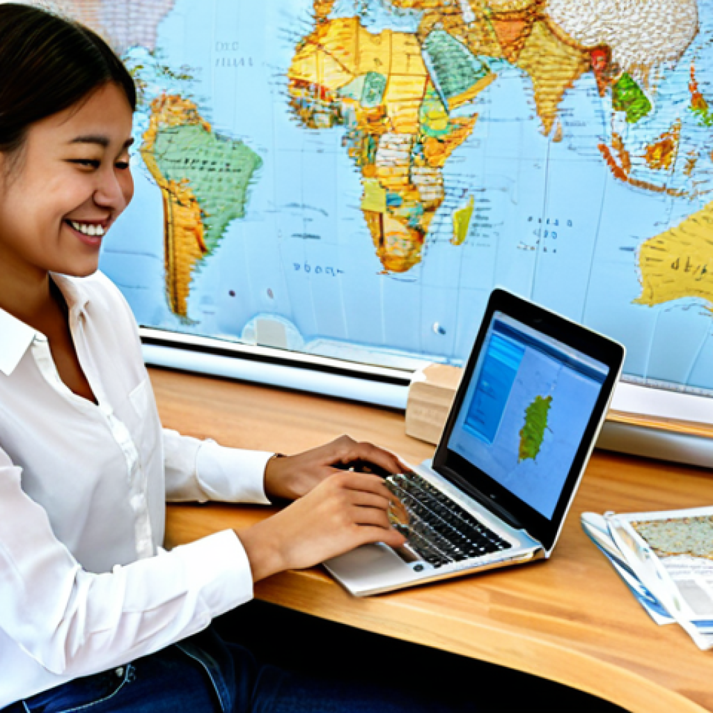 **

A young woman using a laptop, smiling, surrounded by travel brochures and a map of Southeast Asia. She's wearing a casual but professional outfit (jeans and a blouse).  Bright, natural lighting.  "safe for work", "appropriate content", "fully clothed", "modest clothing", "professional", "perfect anatomy", "correct proportions", "natural pose", "well-formed hands", "proper finger count", "natural body proportions" - depicts travel planning

**