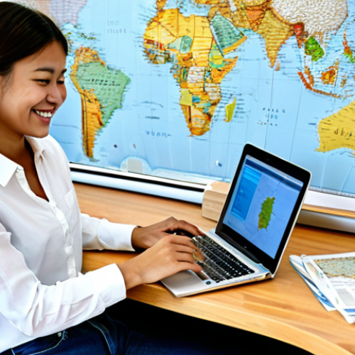 **

A young woman using a laptop, smiling, surrounded by travel brochures and a map of Southeast Asia. She's wearing a casual but professional outfit (jeans and a blouse).  Bright, natural lighting.  "safe for work", "appropriate content", "fully clothed", "modest clothing", "professional", "perfect anatomy", "correct proportions", "natural pose", "well-formed hands", "proper finger count", "natural body proportions" - depicts travel planning

**
