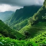 동티모르의 우기와 건기 - A panoramic view of the lush, emerald green mountains of East Timor during the rainy season. In the ...
